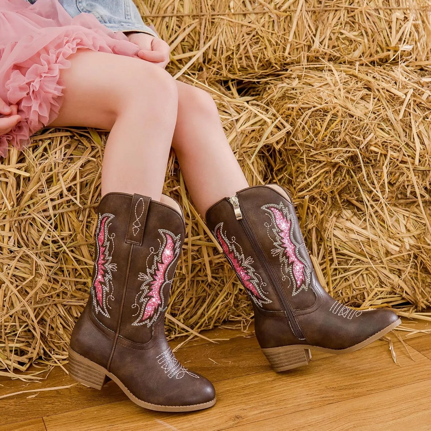 Sparkly Glitter Cowgirl Cowboy Boots for Girls Little Kids Mid Calf Zipper Pointed Toes Low Heel Western Embroidery Party Birthday Toddler to Big Kid