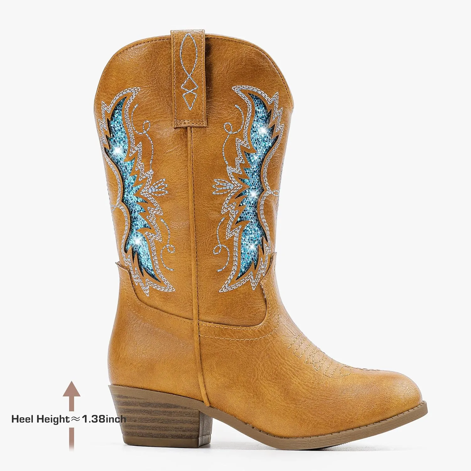 Sparkly Glitter Cowgirl Cowboy Boots for Girls Little Kids Mid Calf Zipper Pointed Toes Low Heel Western Embroidery Party Birthday Toddler to Big Kid