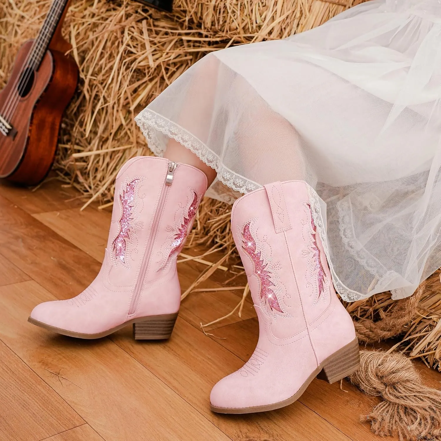 Sparkly Glitter Cowgirl Cowboy Boots for Girls Little Kids Mid Calf Zipper Pointed Toes Low Heel Western Embroidery Party Birthday Toddler to Big Kid