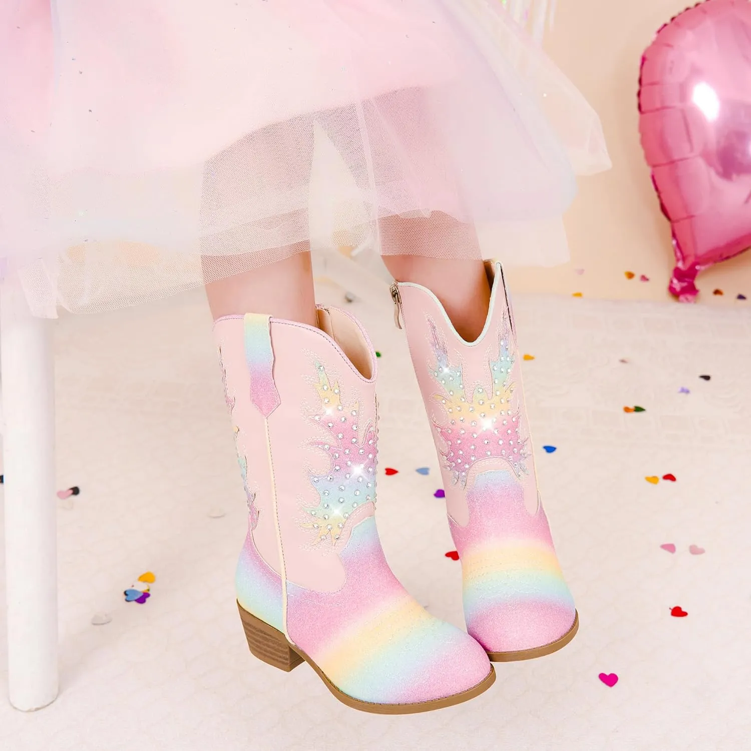 Sparkly Rhinestone Cowgirl Boots Toddler to Big Kids Mid Calf Zipper Low Heel Pointed Toes Party Birthday Dress Up