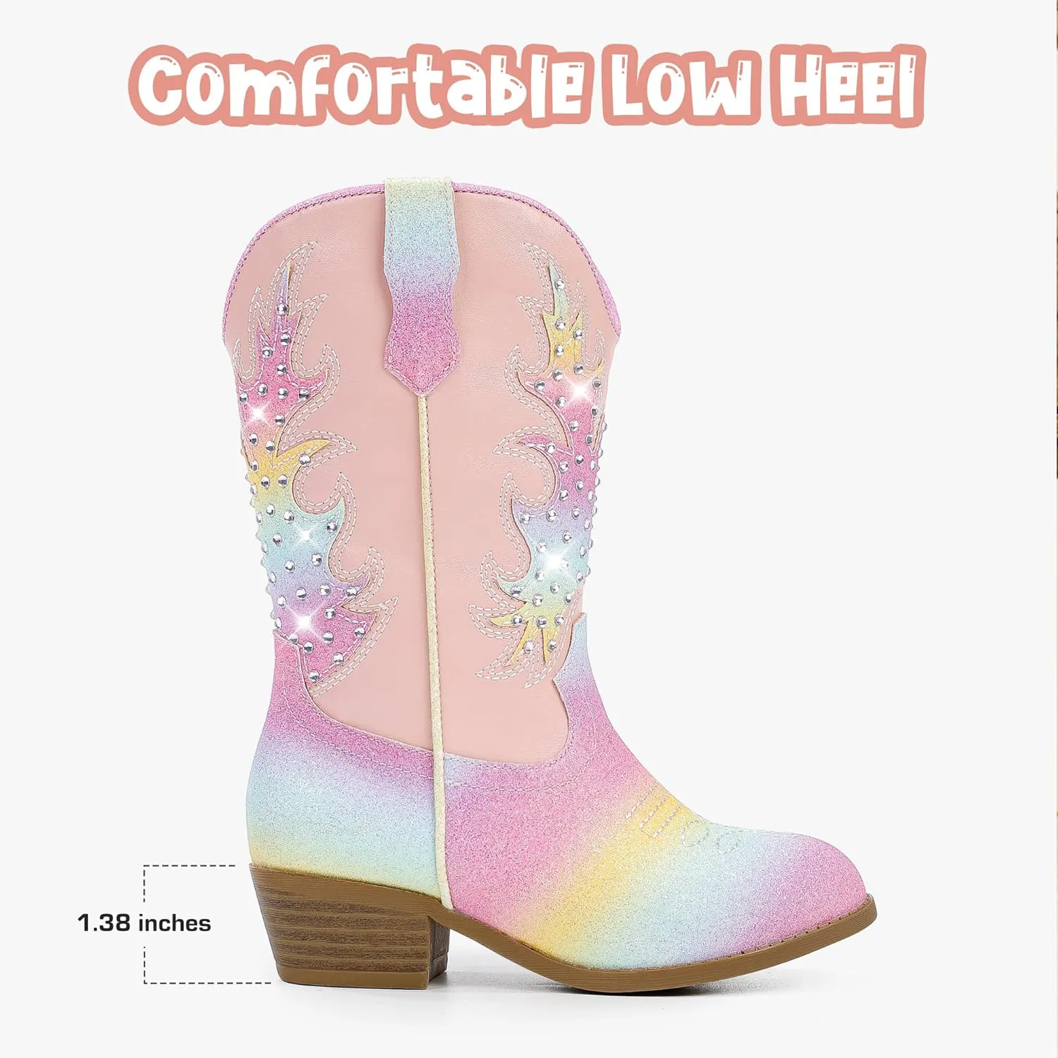 Sparkly Rhinestone Cowgirl Boots Toddler to Big Kids Mid Calf Zipper Low Heel Pointed Toes Party Birthday Dress Up