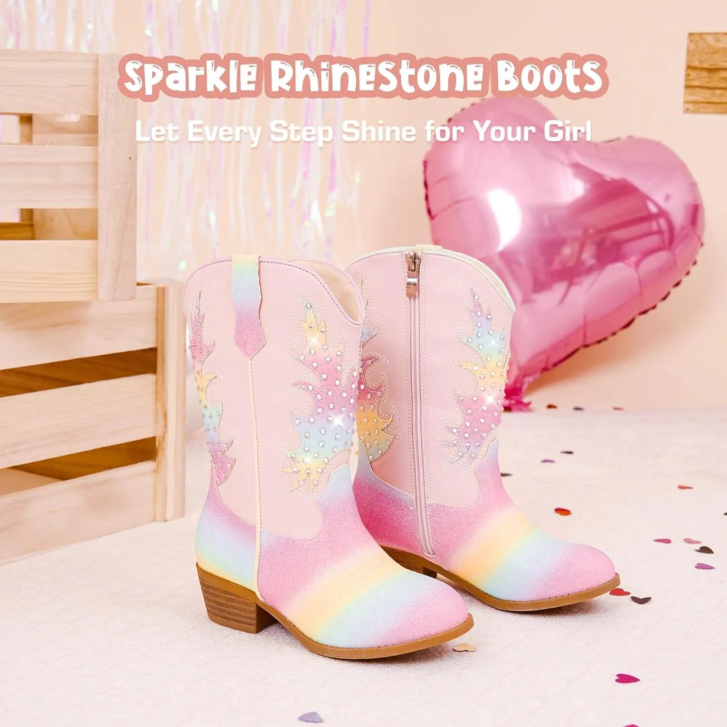 Sparkly Rhinestone Cowgirl Boots Toddler to Big Kids Mid Calf Zipper Low Heel Pointed Toes Party Birthday Dress Up