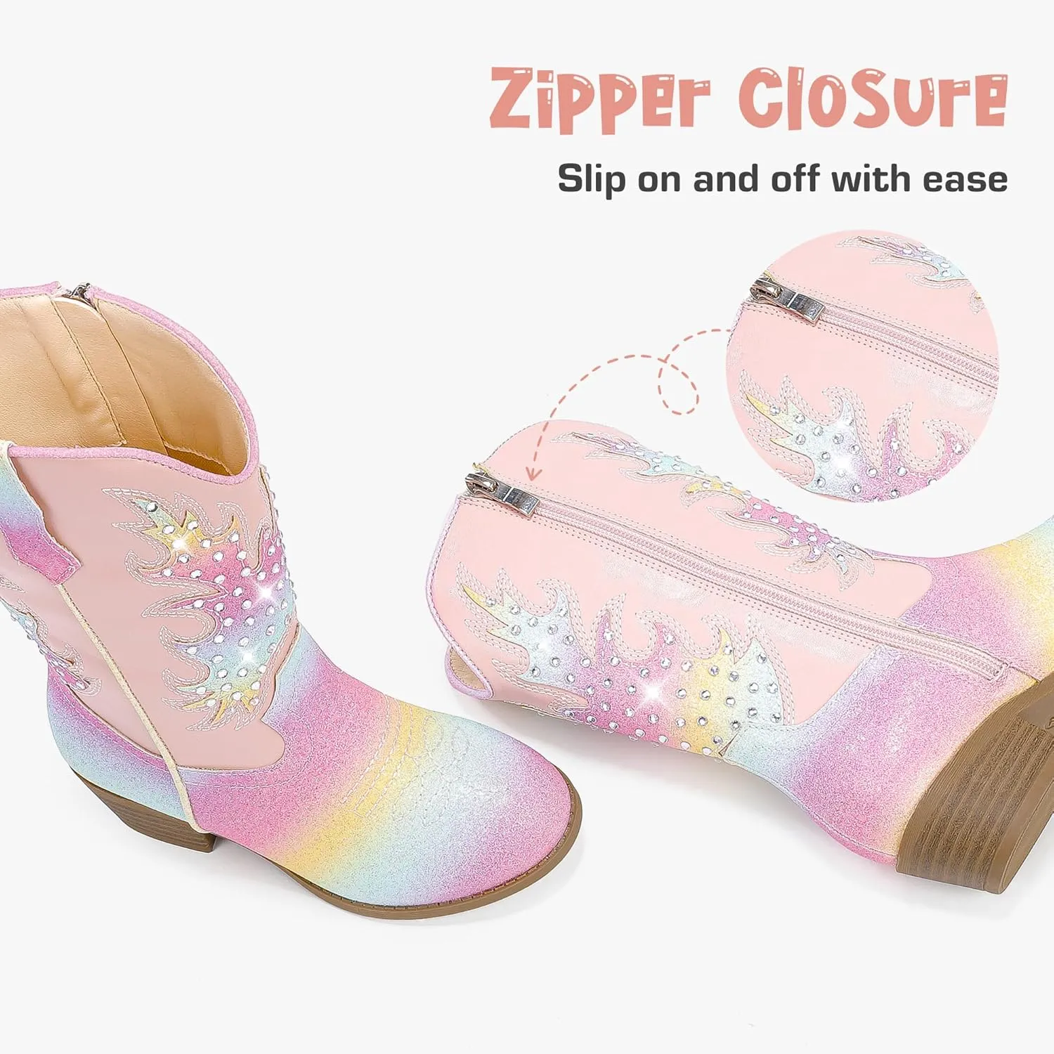 Sparkly Rhinestone Cowgirl Boots Toddler to Big Kids Mid Calf Zipper Low Heel Pointed Toes Party Birthday Dress Up