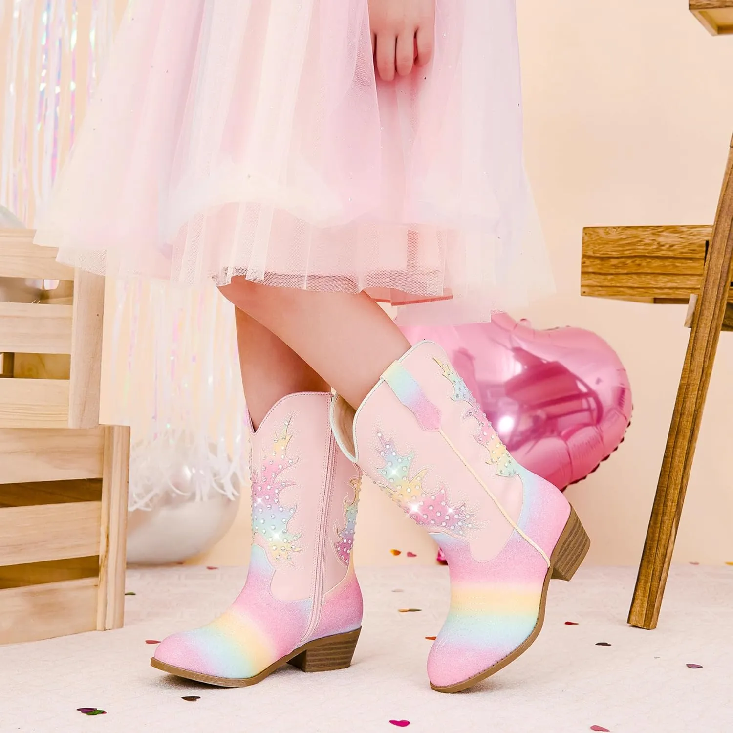Sparkly Rhinestone Cowgirl Boots Toddler to Big Kids Mid Calf Zipper Low Heel Pointed Toes Party Birthday Dress Up