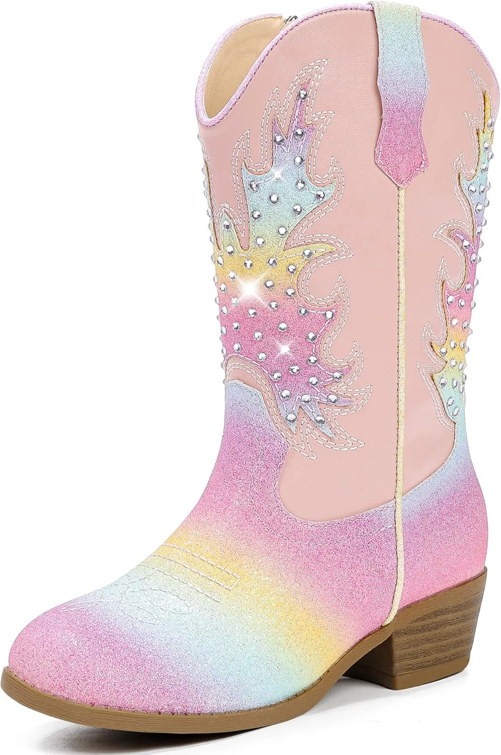 Sparkly Rhinestone Cowgirl Boots Toddler to Big Kids Mid Calf Zipper Low Heel Pointed Toes Party Birthday Dress Up