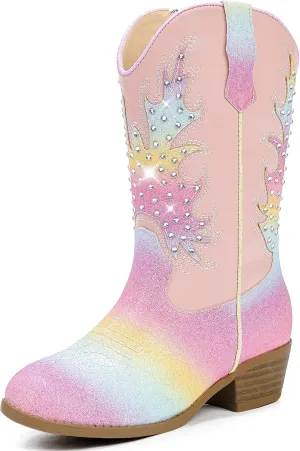 Sparkly Rhinestone Cowgirl Boots Toddler to Big Kids Mid Calf Zipper Low Heel Pointed Toes Party Birthday Dress Up
