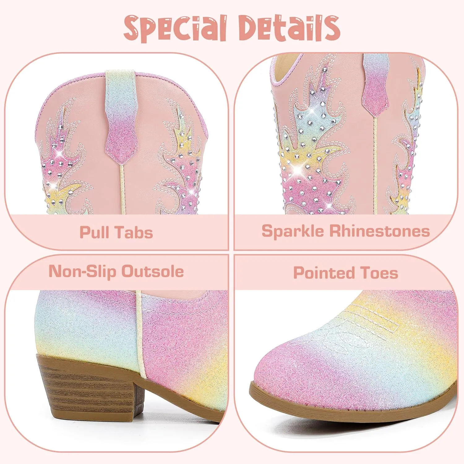 Sparkly Rhinestone Cowgirl Boots Toddler to Big Kids Mid Calf Zipper Low Heel Pointed Toes Party Birthday Dress Up