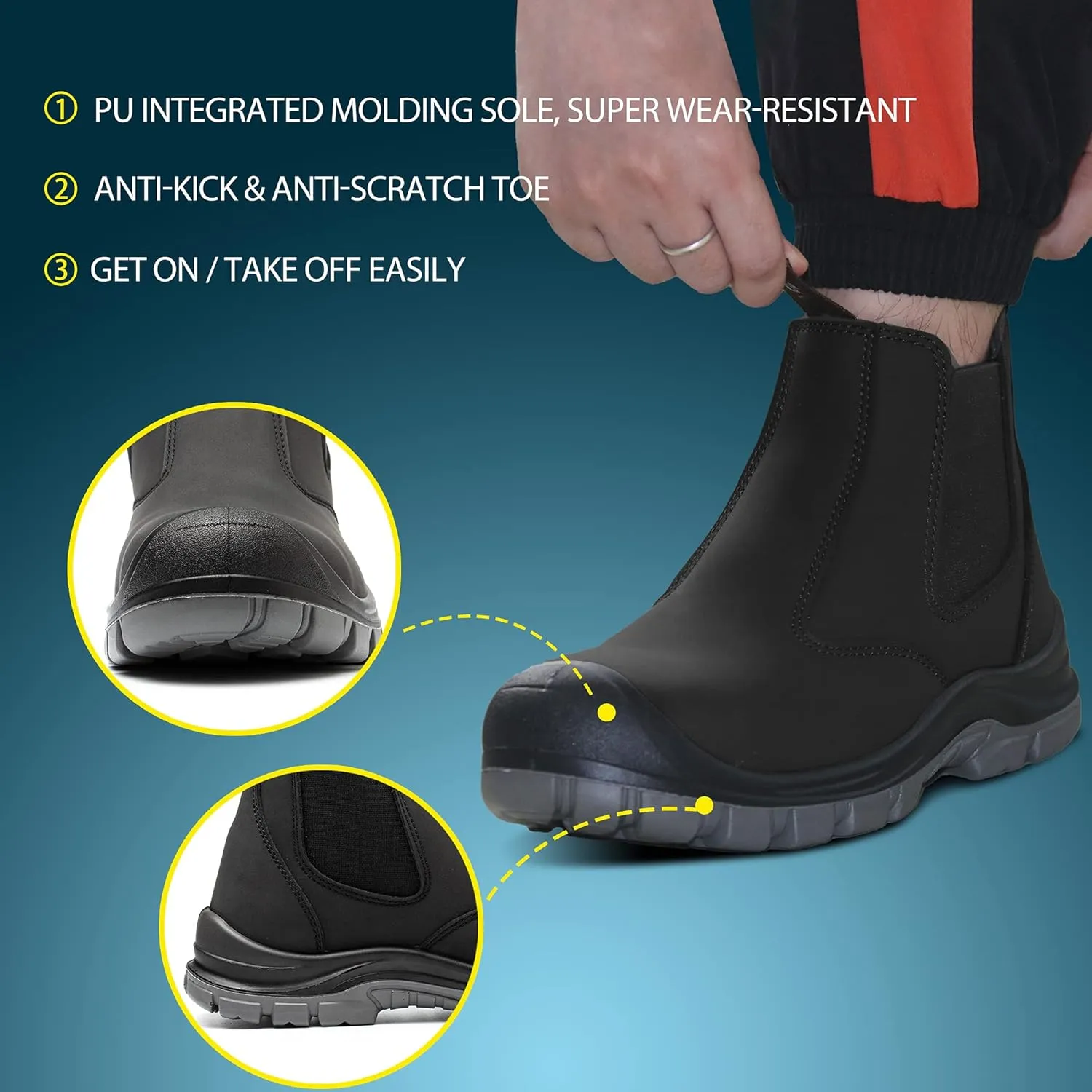 Steel Toe Work Boots for Men Slip-on Chelsea Boot, Men's Industrial & Construction Shoes, Waterproof, Lightweight, Comfortable, Non-slip Safety Shoes, Black, 10.5