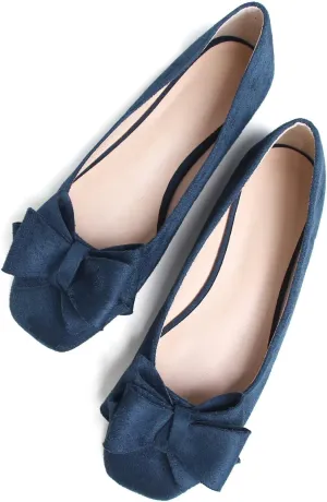 Stunner Womens Bowknot Ballet Flats Square Toe Casual Flats Comfortable Velvet Flats Slip On Work Flats