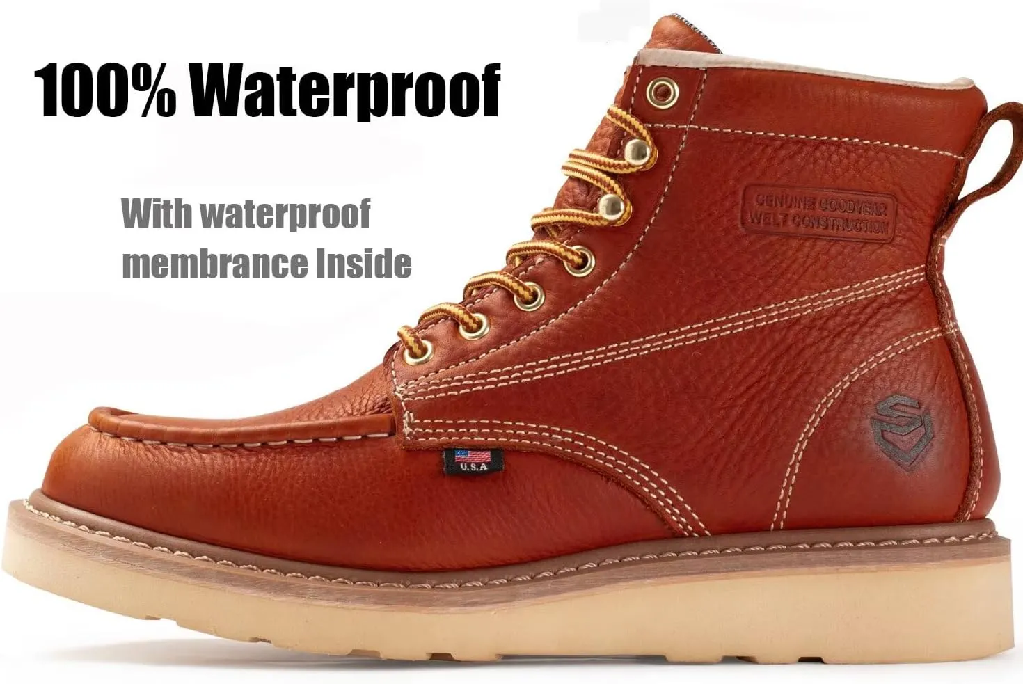 SUREWAY 6” Wedge Moc Toe Work Boots for Men - Soft Toe,Premium Full-Grain Leather,Lightweight Work Boots/Shoes,Comfort Insole,Oil/Slip Resistant,Real Goodyear,EH Rated Industrial Construction Boots