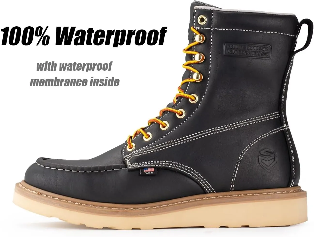SUREWAY 8in Wedge Moc Toe Work Boots for Men - Soft Toe,Premium Full-Grain Leather,Safety Work Boots/Shoes,Comfort Insole,Oil/Slip Resistant,Real Goodyear,EH Rated Industrial Construction