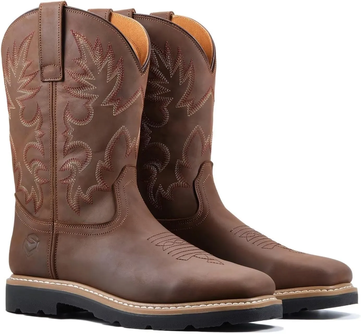 SUREWAY Mens Western Square Toe Cowboy Boots for Men,Soft/Steel Toe Full Grain Leather Slip On Pull On Work Boots for Construction Farming
