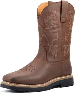 SUREWAY Mens Western Square Toe Cowboy Boots for Men,Soft/Steel Toe Full Grain Leather Slip On Pull On Work Boots for Construction Farming