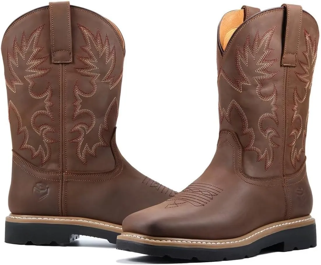 SUREWAY Mens Western Square Toe Cowboy Boots for Men,Soft/Steel Toe Full Grain Leather Slip On Pull On Work Boots for Construction Farming