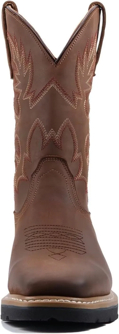 SUREWAY Mens Western Square Toe Cowboy Boots for Men,Soft/Steel Toe Full Grain Leather Slip On Pull On Work Boots for Construction Farming