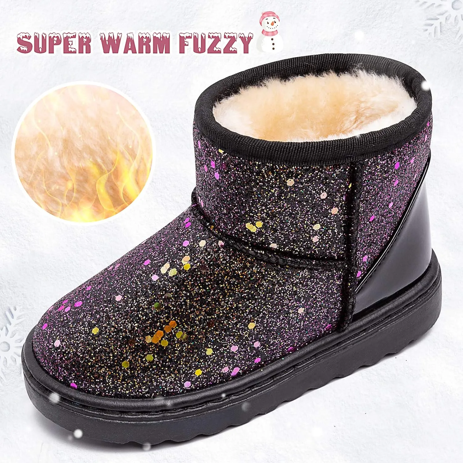 techcity Boys Girls Winter Warm Snow Boots Sequin Fur Lined Waterproof Boot Glitter Princess Outdoor Shoes(Toddler/Little Kid)