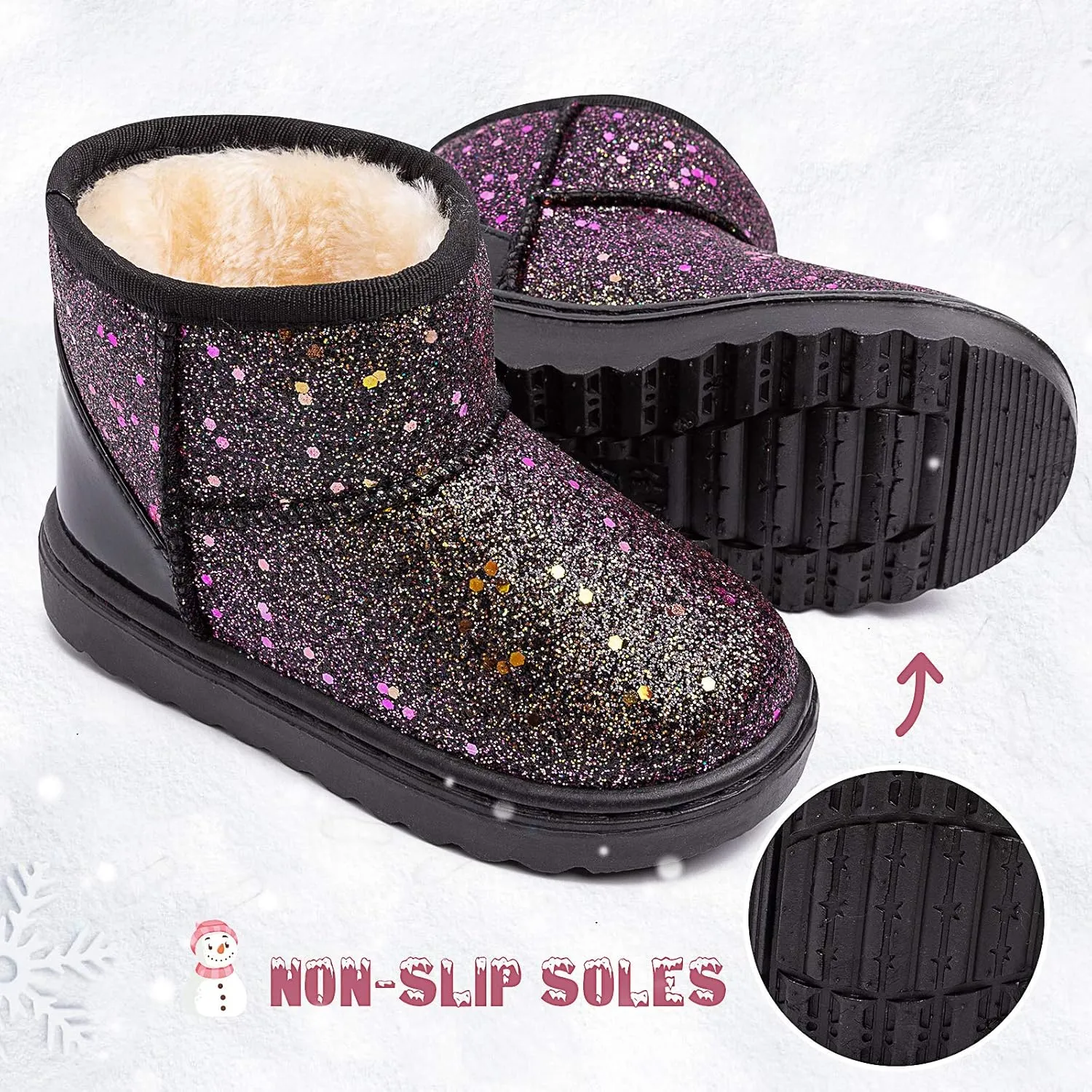 techcity Boys Girls Winter Warm Snow Boots Sequin Fur Lined Waterproof Boot Glitter Princess Outdoor Shoes(Toddler/Little Kid)