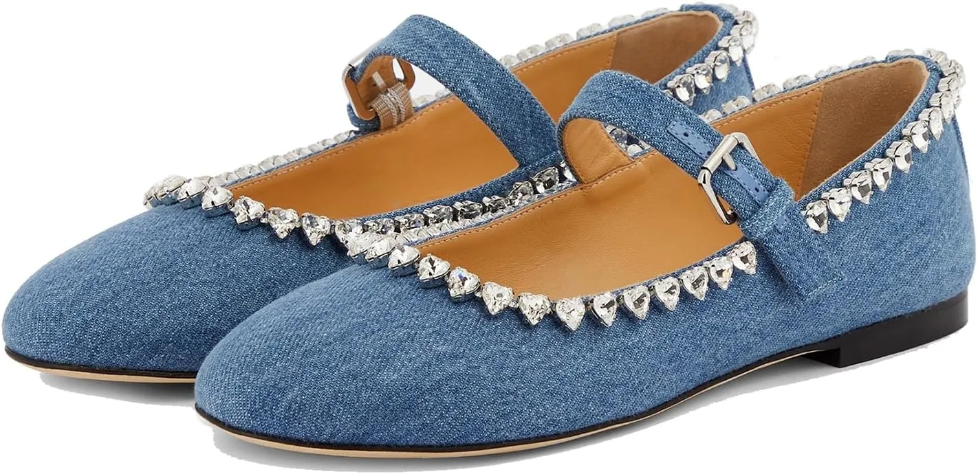 THESHY Women's Rhinestone Embellished Satin Ballet Flats Round Toe Ballerinas Flats Fashion Wedding Dressy Mary Jane for Women