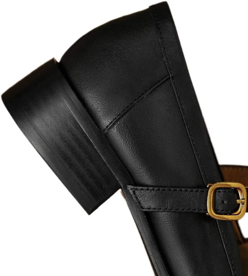TinaCus Women's Handmade Genuine Leather Round Toe T-Strap Buckle Mary Jane Pumps Shoes