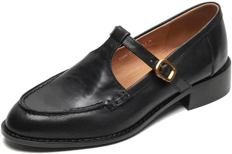 TinaCus Women's Handmade Genuine Leather Round Toe T-Strap Buckle Mary Jane Pumps Shoes