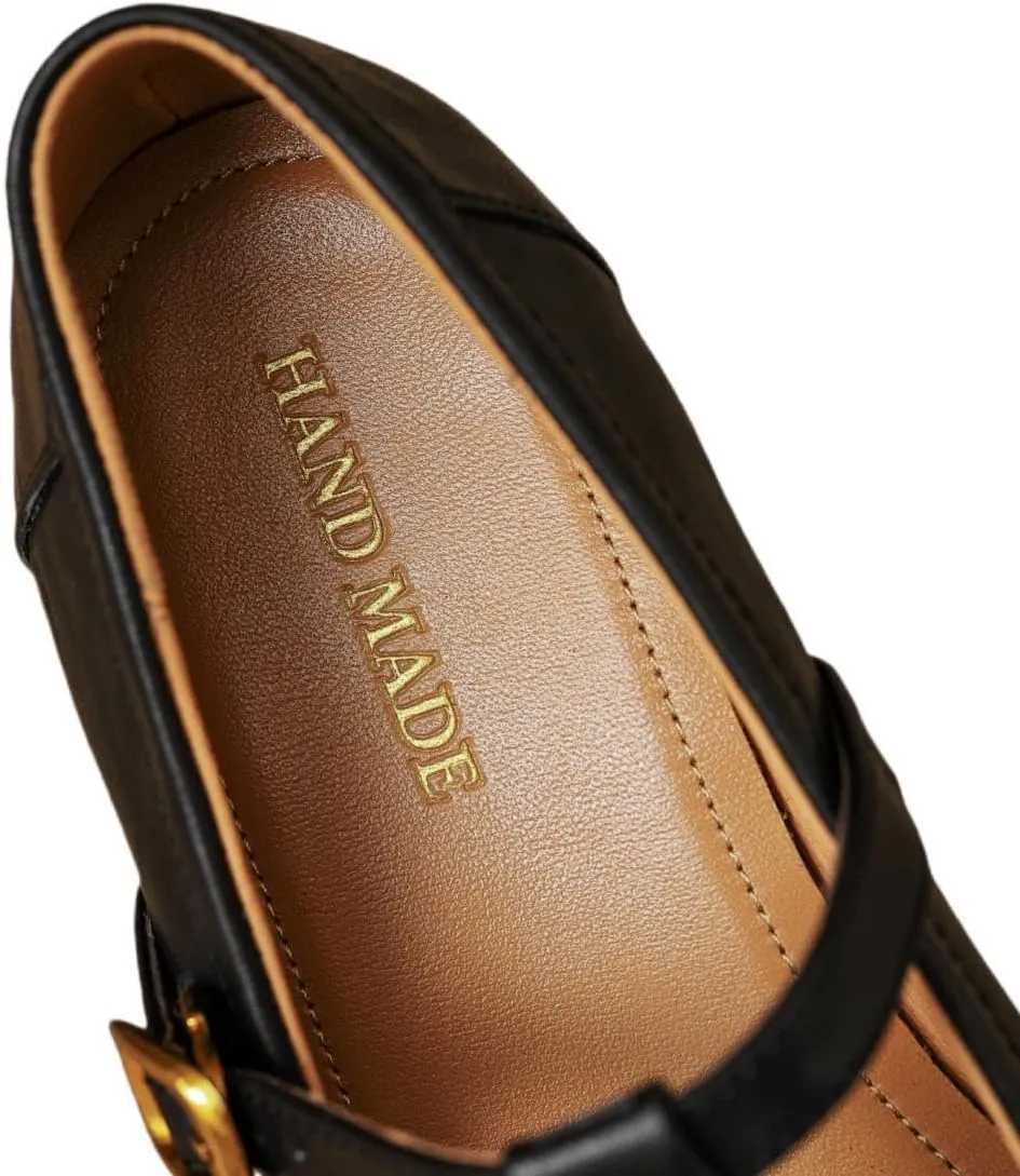 TinaCus Women's Handmade Genuine Leather Round Toe T-Strap Buckle Mary Jane Pumps Shoes