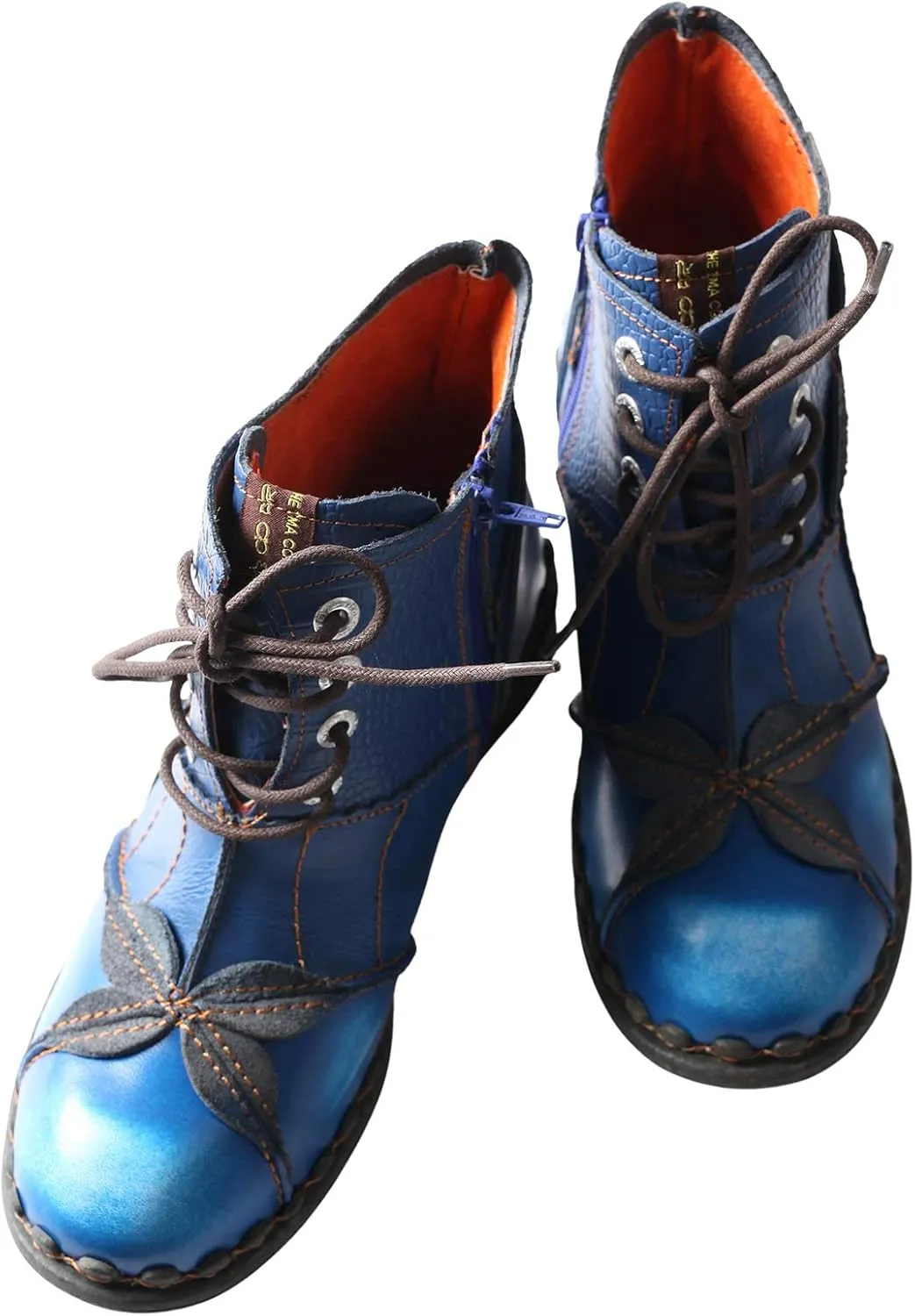 TMA EYES Women's Ankle Boots Low Heel Lace-up Side Zipper Fashion Leather Booties