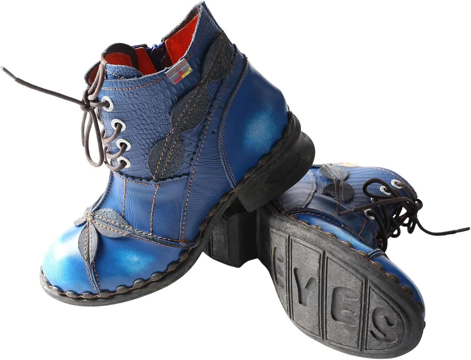TMA EYES Women's Ankle Boots Low Heel Lace-up Side Zipper Fashion Leather Booties