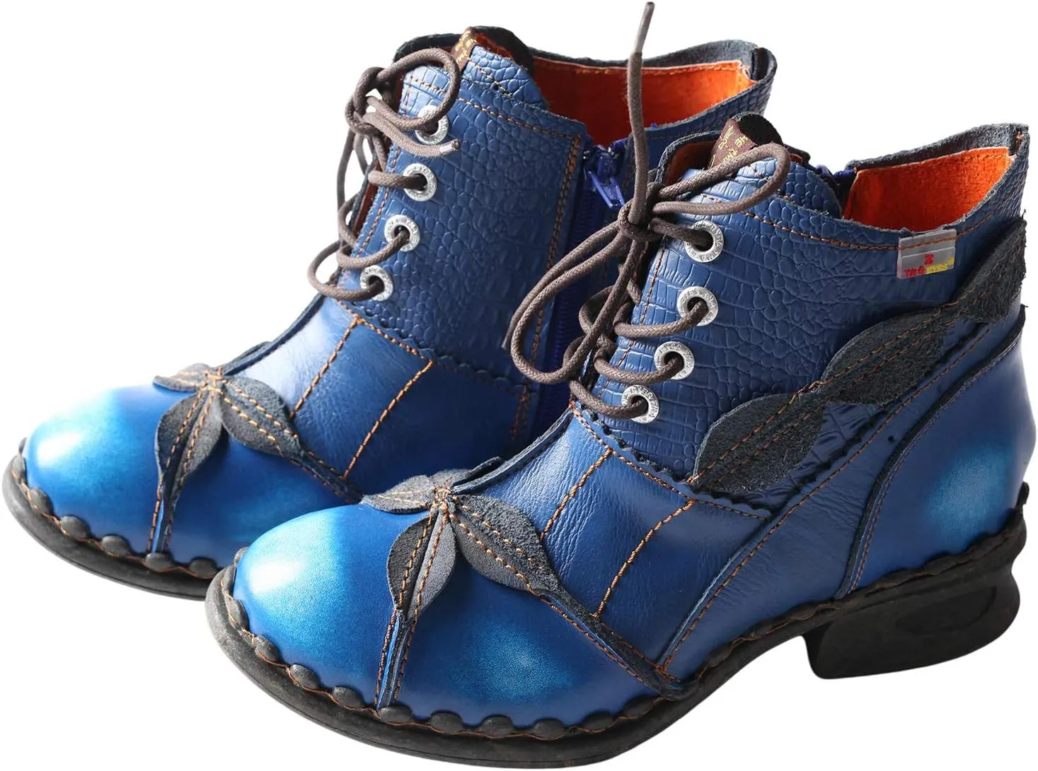 TMA EYES Women's Ankle Boots Low Heel Lace-up Side Zipper Fashion Leather Booties
