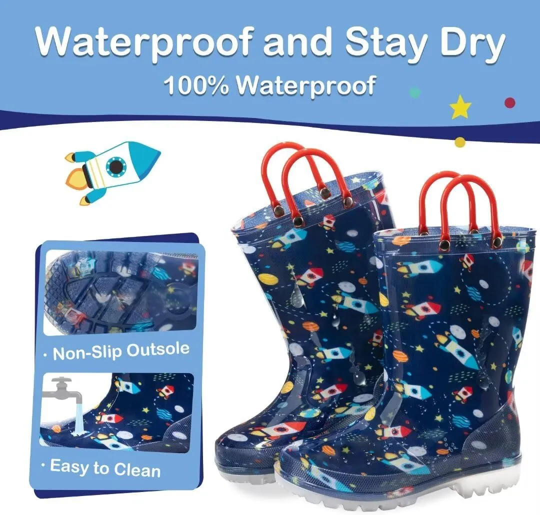 Toddler Kids Rain Boots Boys Girls Light Up Waterproof Boot with Handles