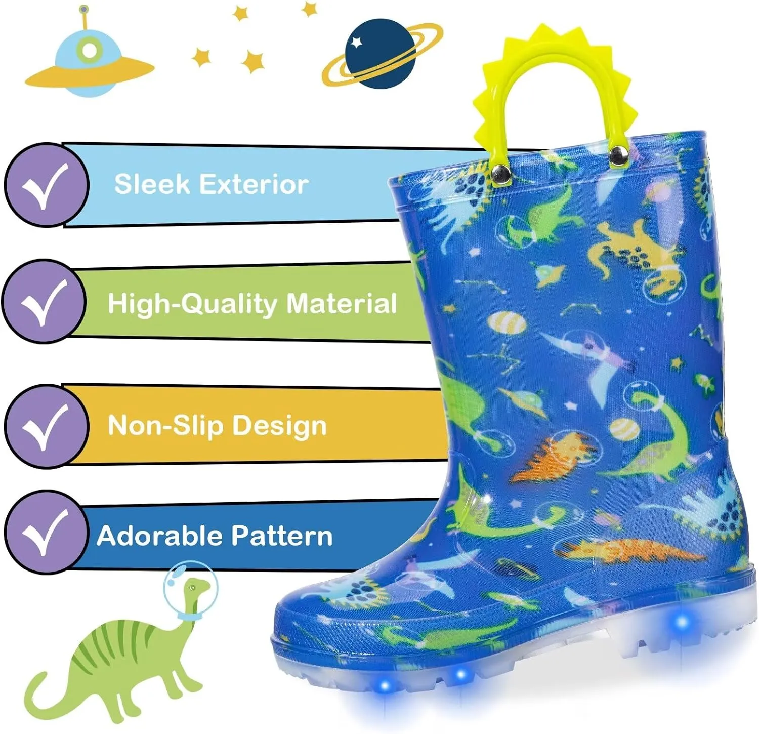Toddler Kids Rain Boots Boys Girls Light Up Waterproof Boot with Handles