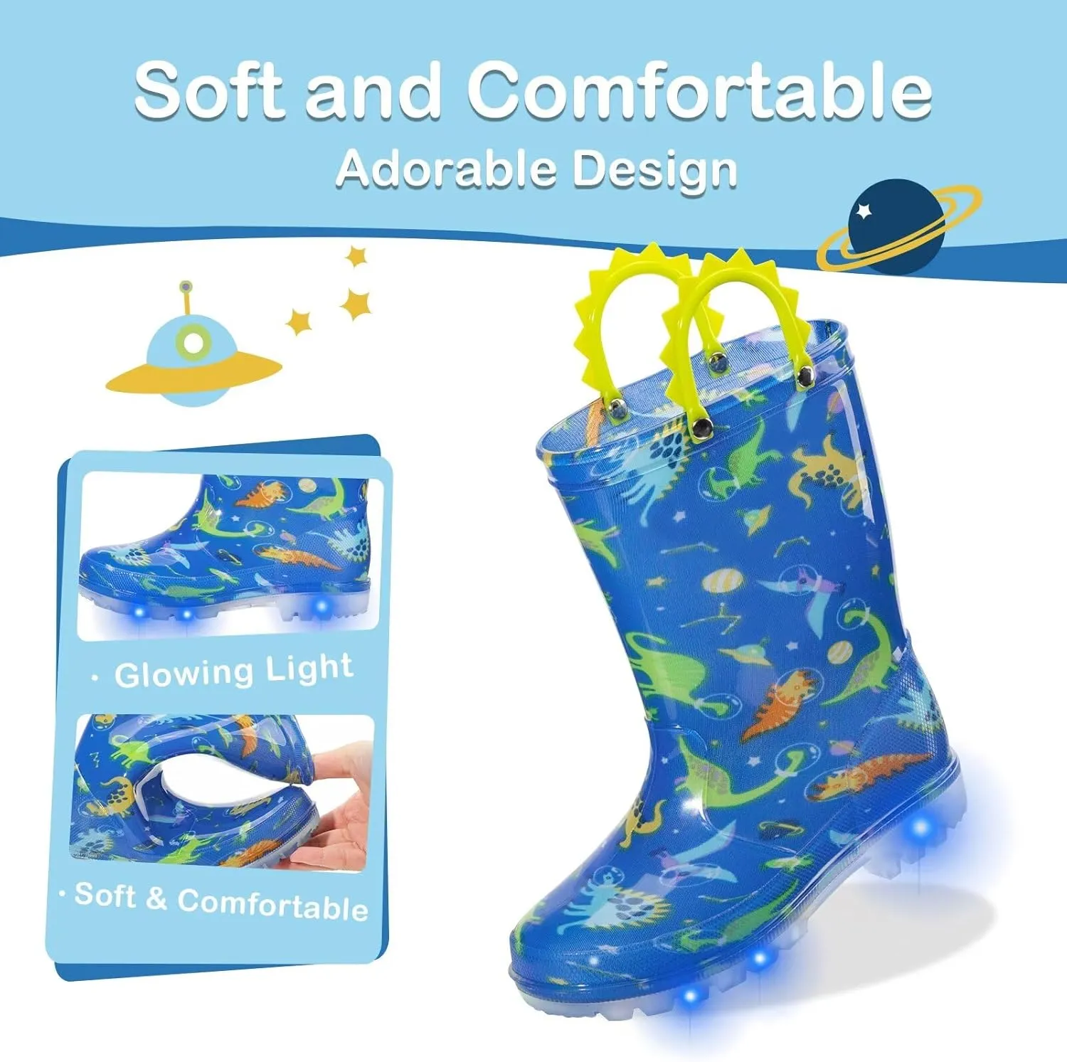 Toddler Kids Rain Boots Boys Girls Light Up Waterproof Boot with Handles