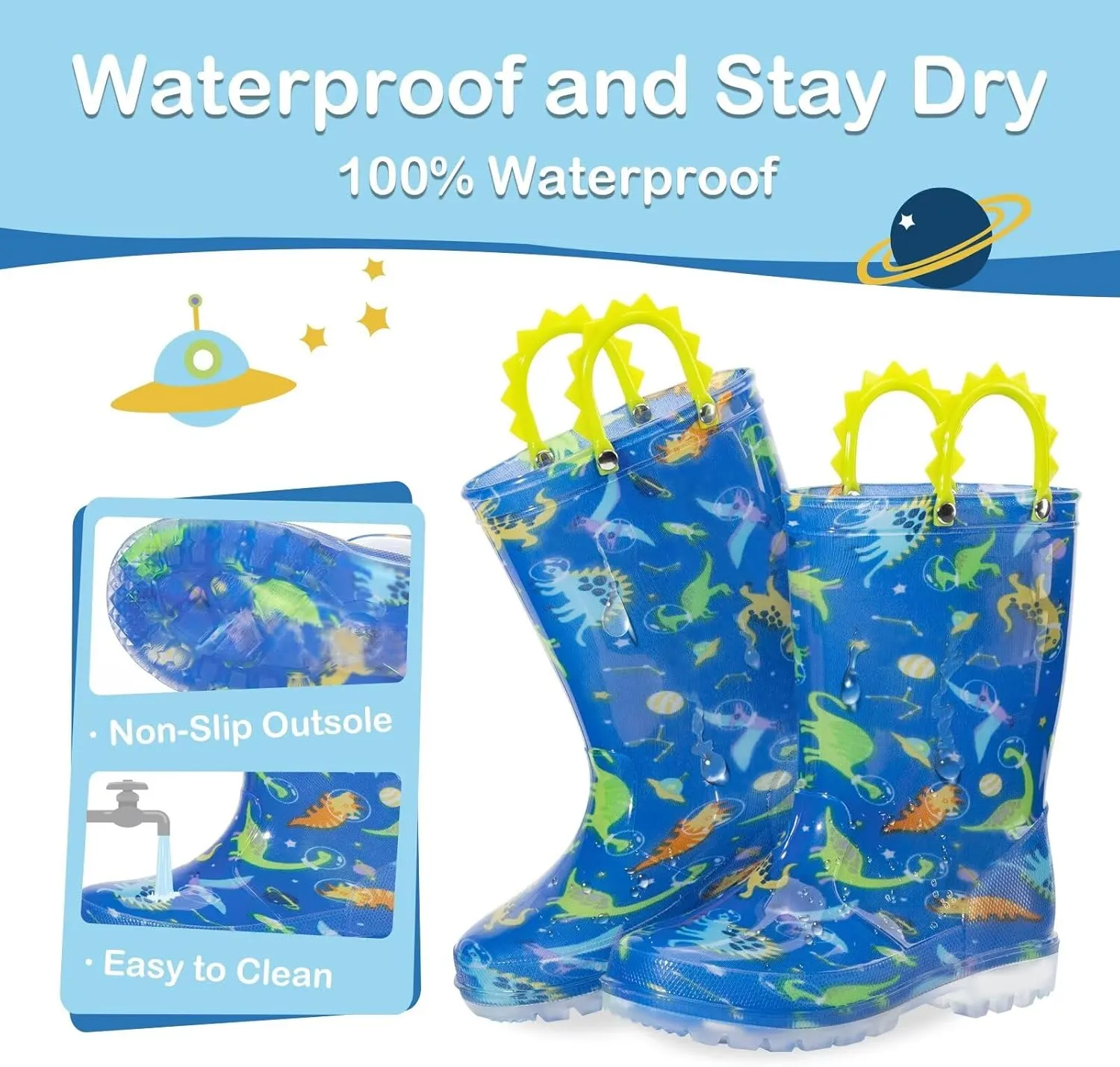 Toddler Kids Rain Boots Boys Girls Light Up Waterproof Boot with Handles