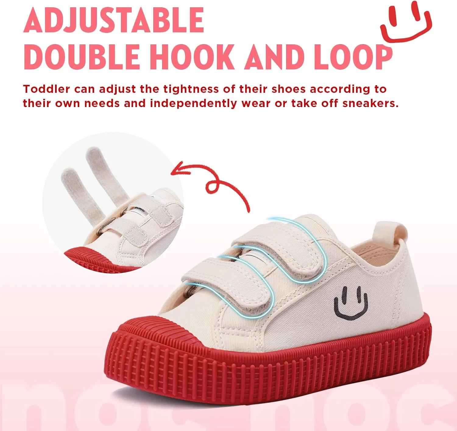 Toddler Shoes for Boys & Girls, Canvas Dual Hook and Loops Sneakers with Candy-Colored Sole