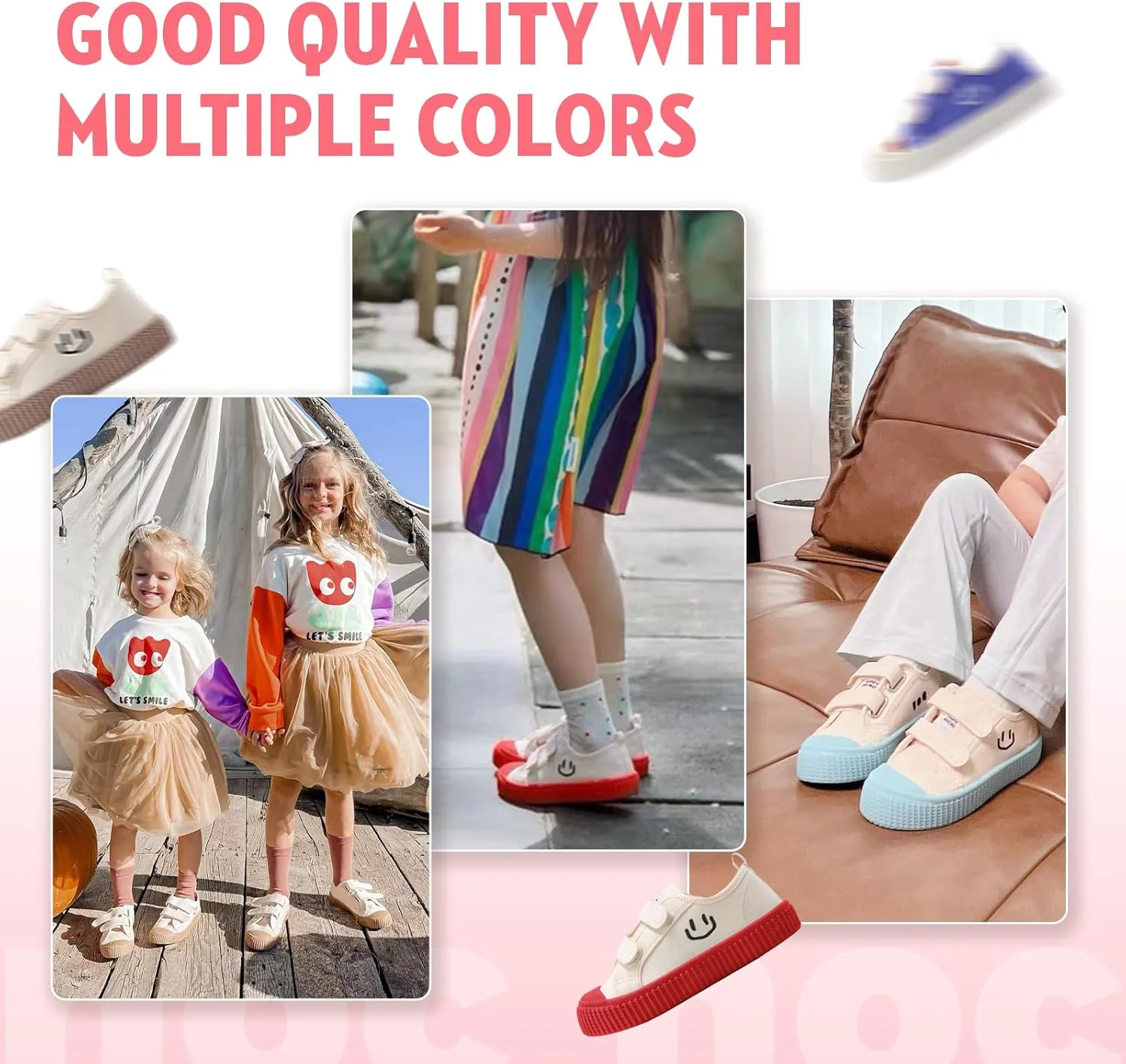 Toddler Shoes for Boys & Girls, Canvas Dual Hook and Loops Sneakers with Candy-Colored Sole
