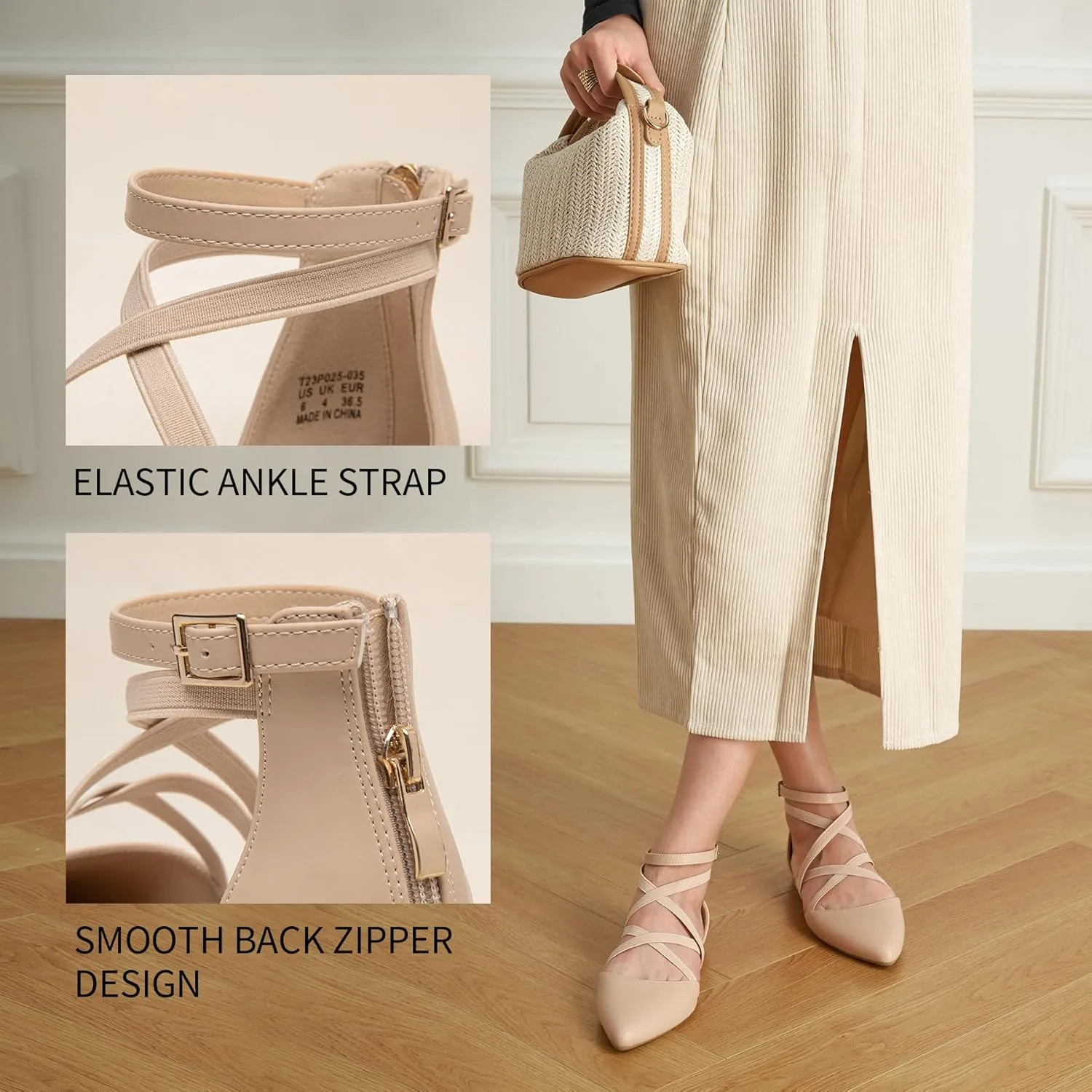Trary Black Flats for Women, Mary Jane Shoes, Ballet Flats with Ankle Strap, Dressy Comfortable Pointed Toe Shoes