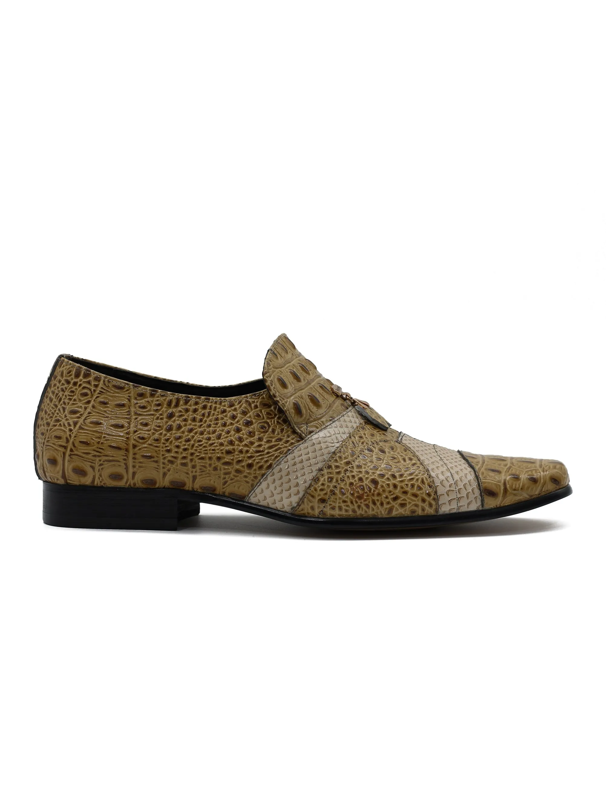 Two Tone Beige Real Leather Printer Party Loafers