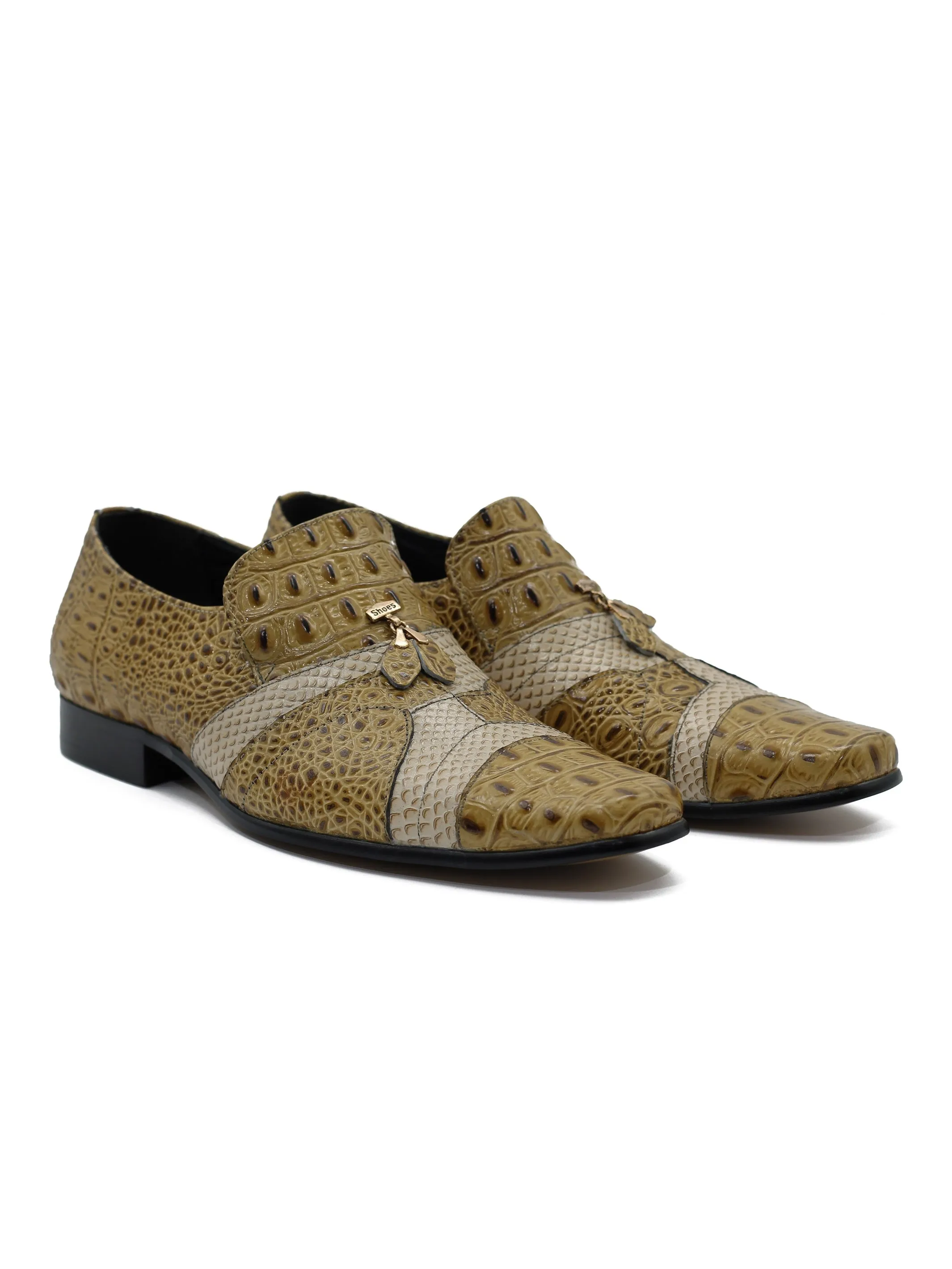 Two Tone Beige Real Leather Printer Party Loafers