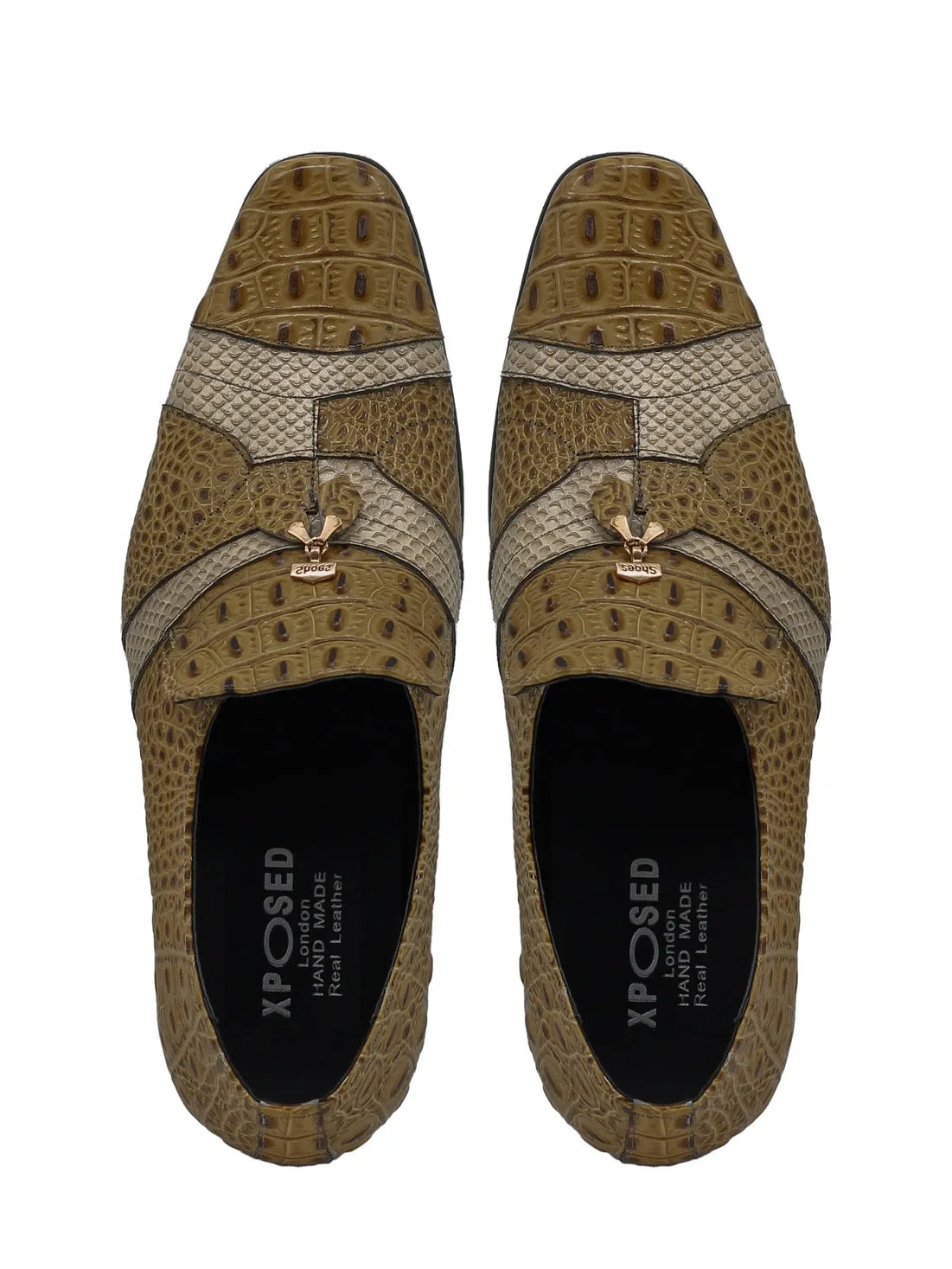 Two Tone Beige Real Leather Printer Party Loafers