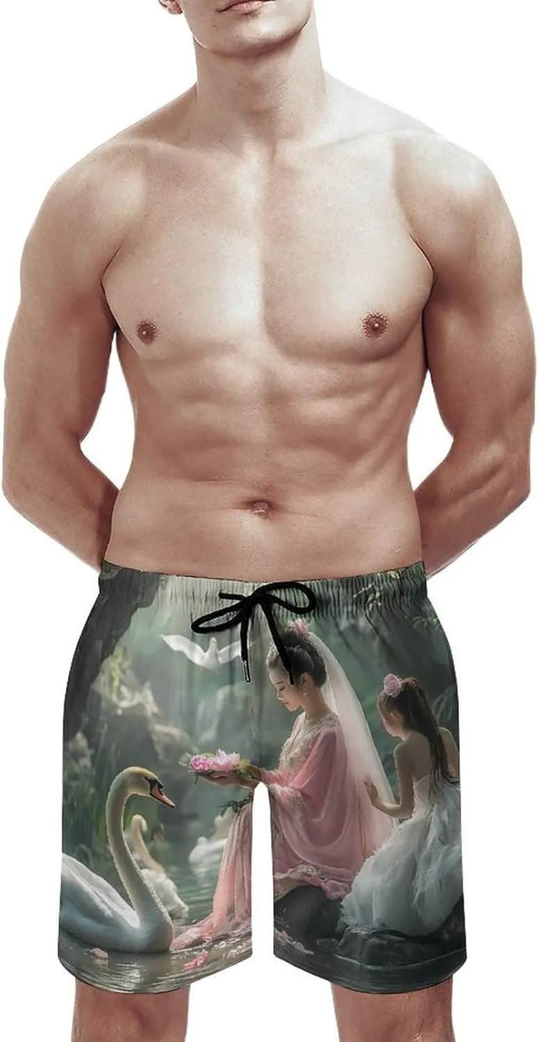 White Swan Woman Lake Mens Swim Trunks Quick Dry Board Shorts Casual Swimsuit