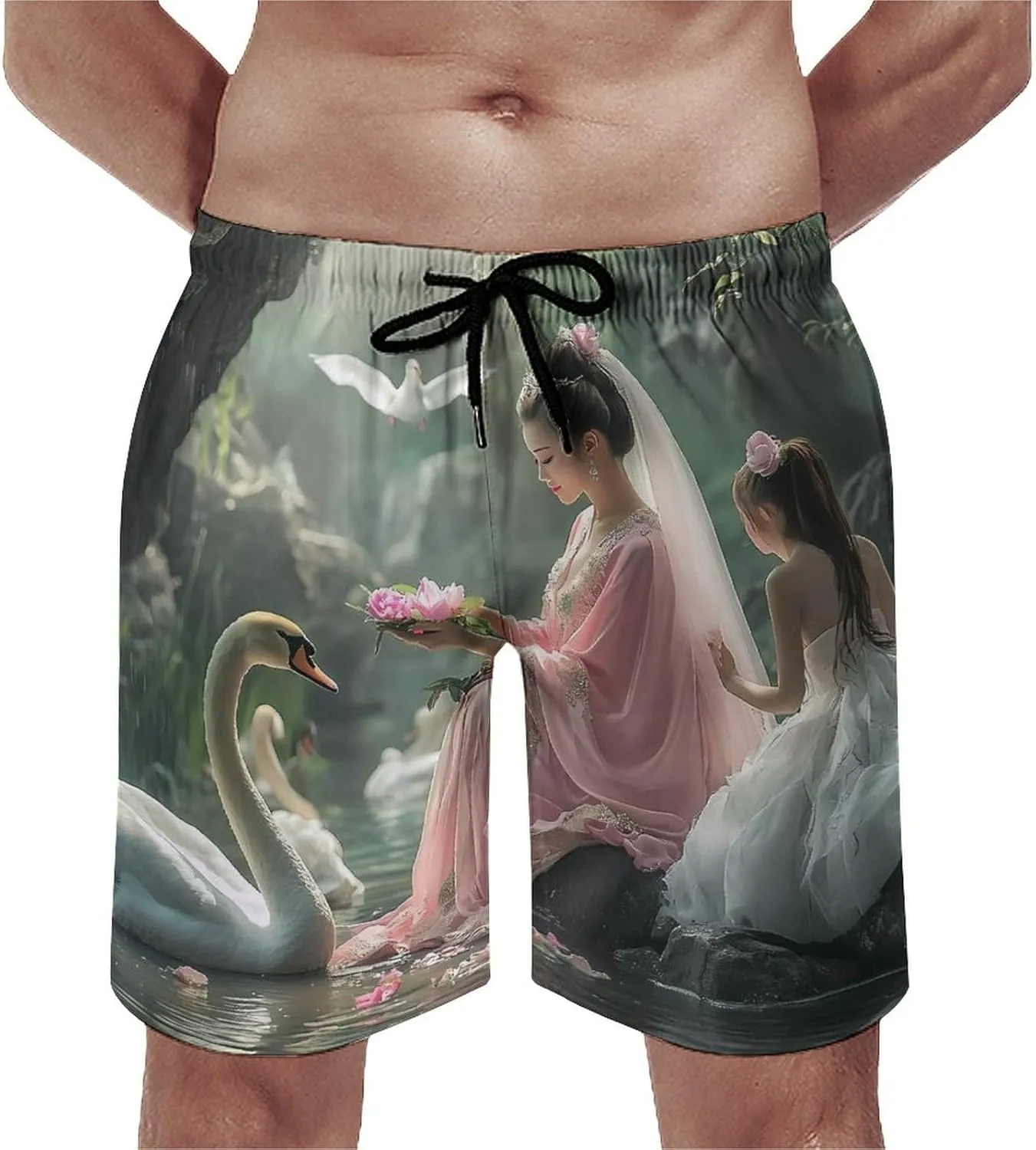 White Swan Woman Lake Mens Swim Trunks Quick Dry Board Shorts Casual Swimsuit