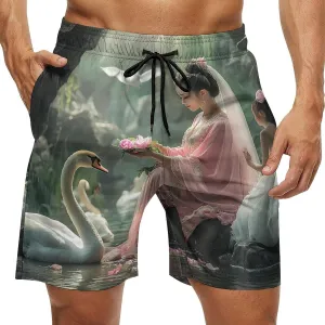 White Swan Woman Lake Mens Swim Trunks Quick Dry Board Shorts Casual Swimsuit