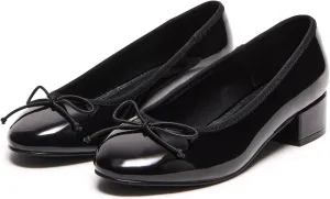 Women Ballet Pumps Round Toe Low Block Heel Slip on Ballerinas Walking Dating Party Daily Dress Shoes with Bow