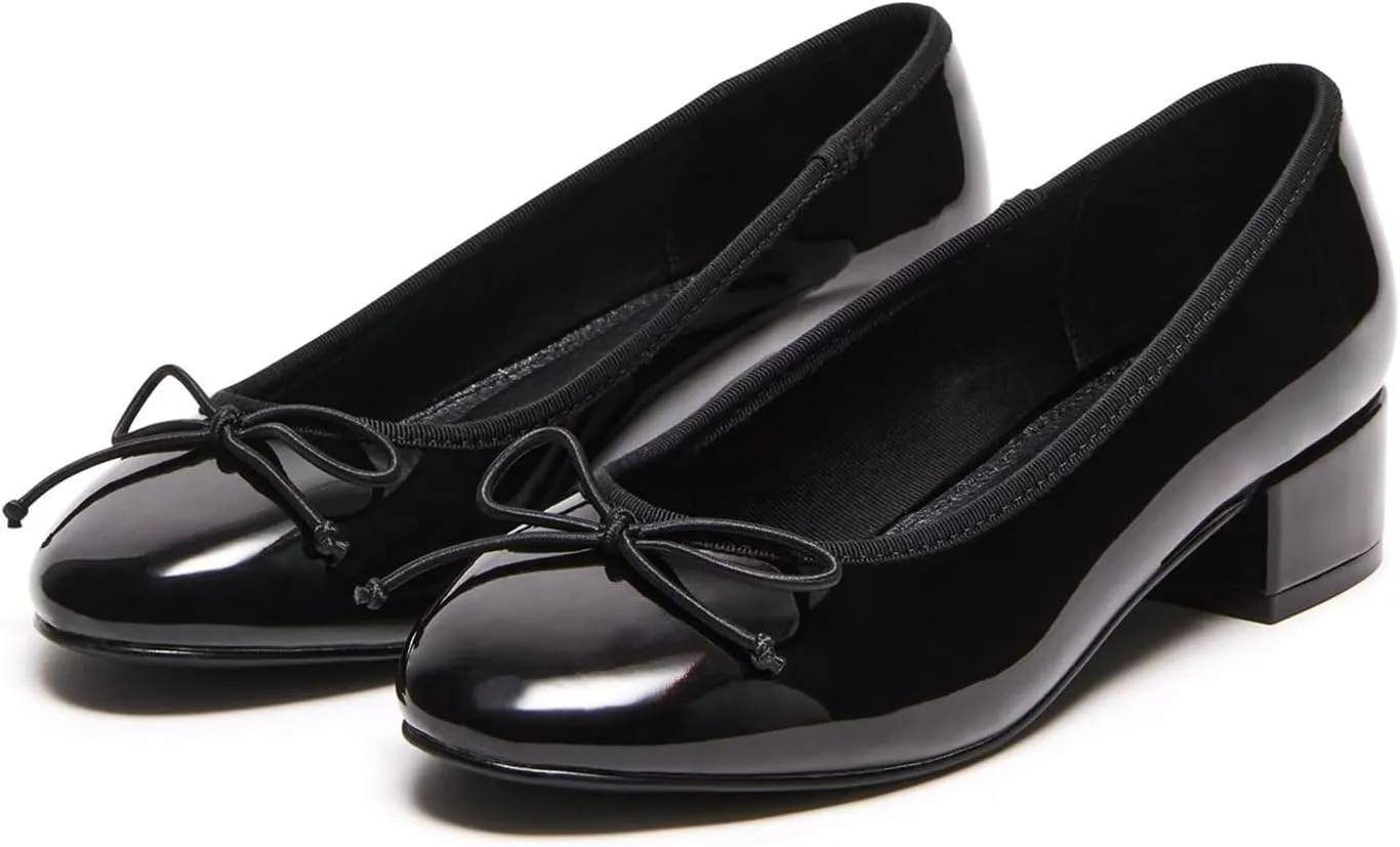 Women Ballet Pumps Round Toe Low Block Heel Slip on Ballerinas Walking Dating Party Daily Dress Shoes with Bow