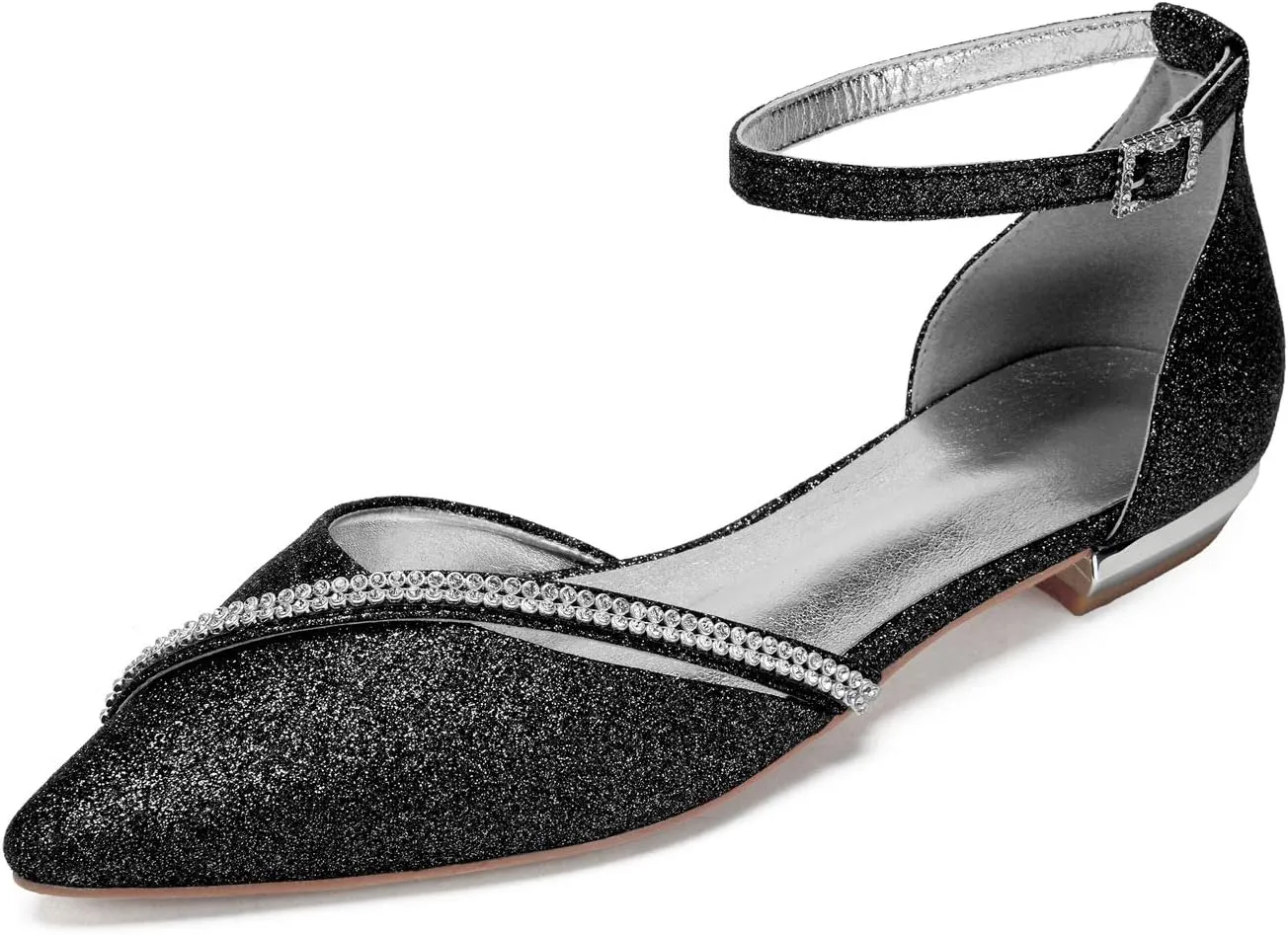 Women Glitter Crystals Wedding Flats Shoes for Bride Pointed Toe Prom Evening Party Dress Flats 5047-1/25F