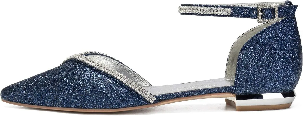 Women Glitter Crystals Wedding Flats Shoes for Bride Pointed Toe Prom Evening Party Dress Flats 5047-1/25F