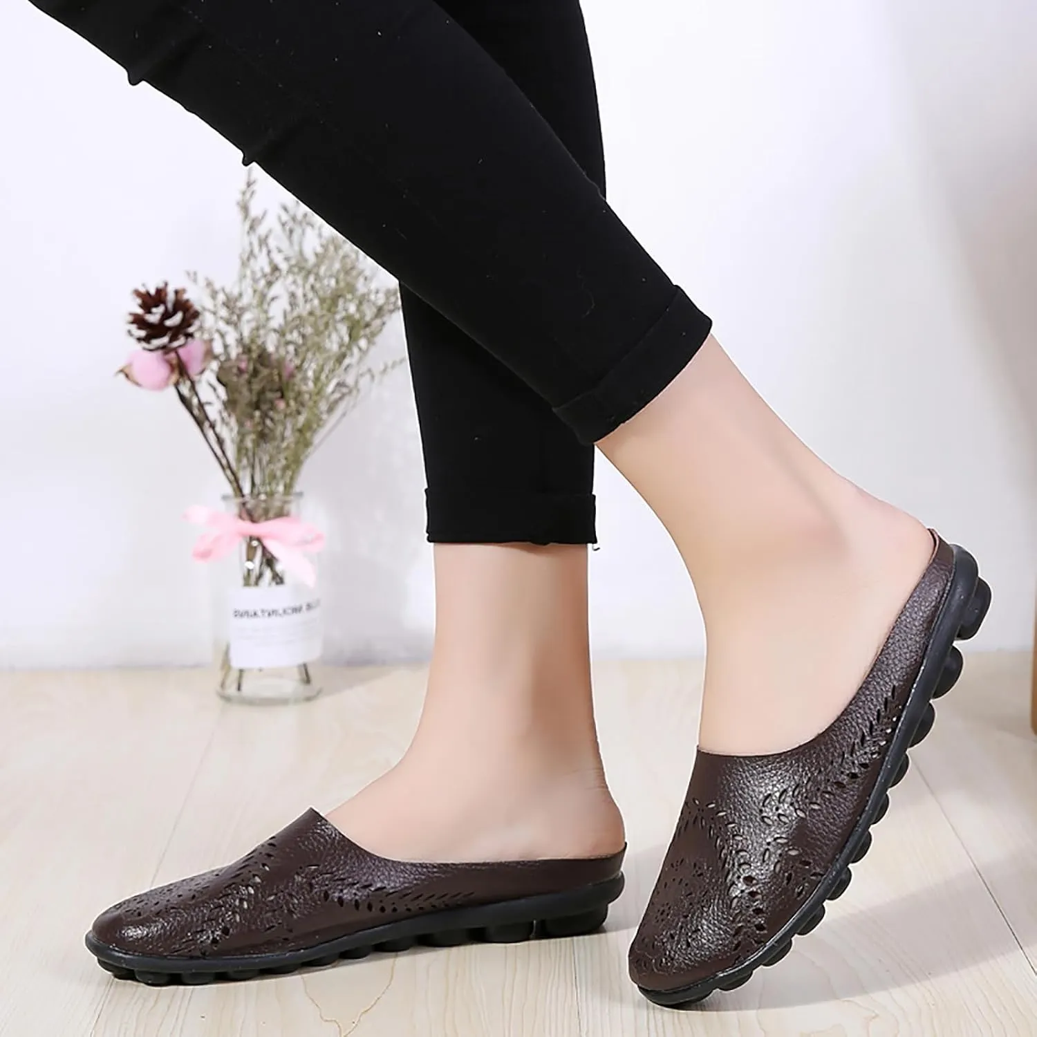 Women Hollow Breathable Flats Summer Slippers Slip-on Round Toe Non-Slip Softsole Lightweight Comfortable Dressy Loafer