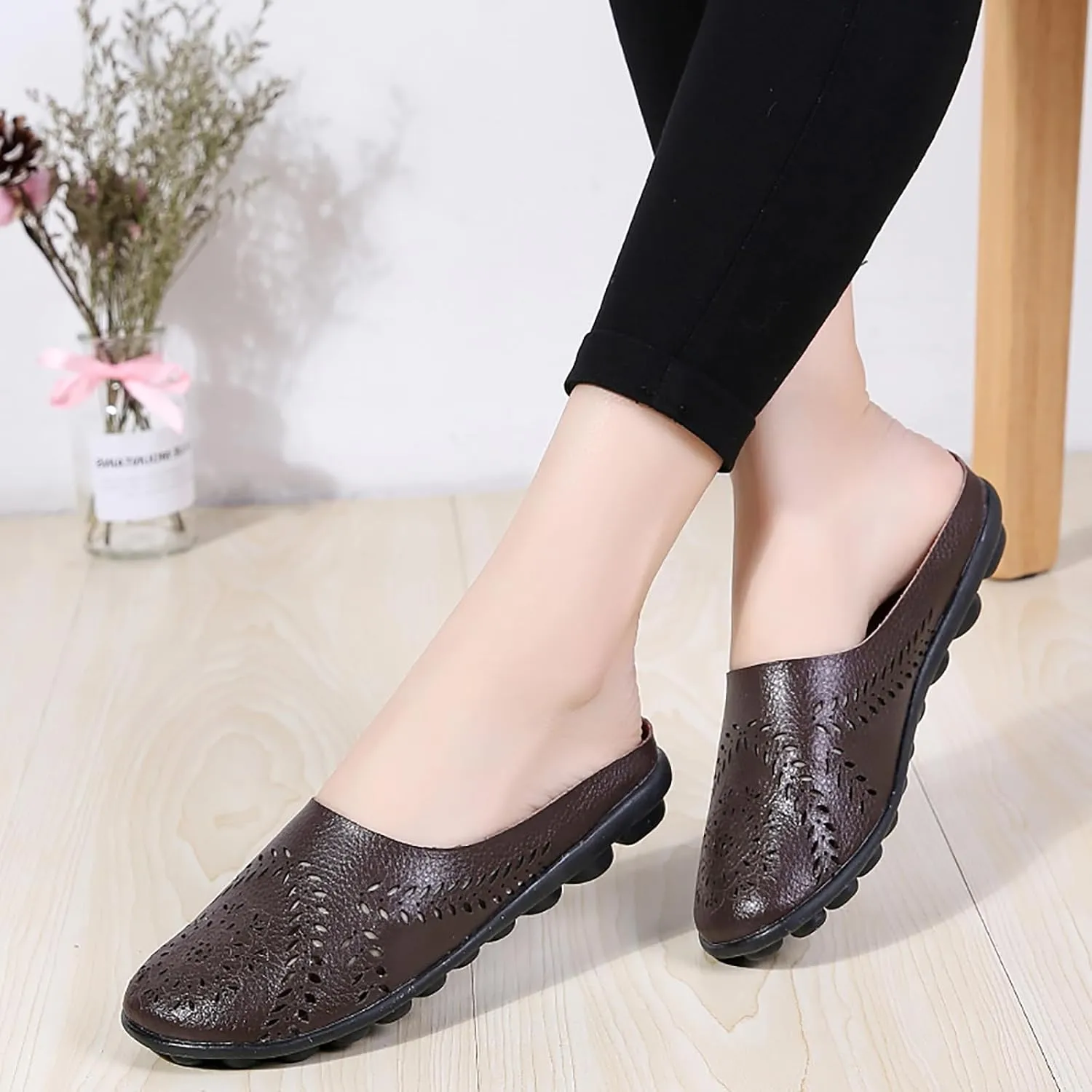 Women Hollow Breathable Flats Summer Slippers Slip-on Round Toe Non-Slip Softsole Lightweight Comfortable Dressy Loafer