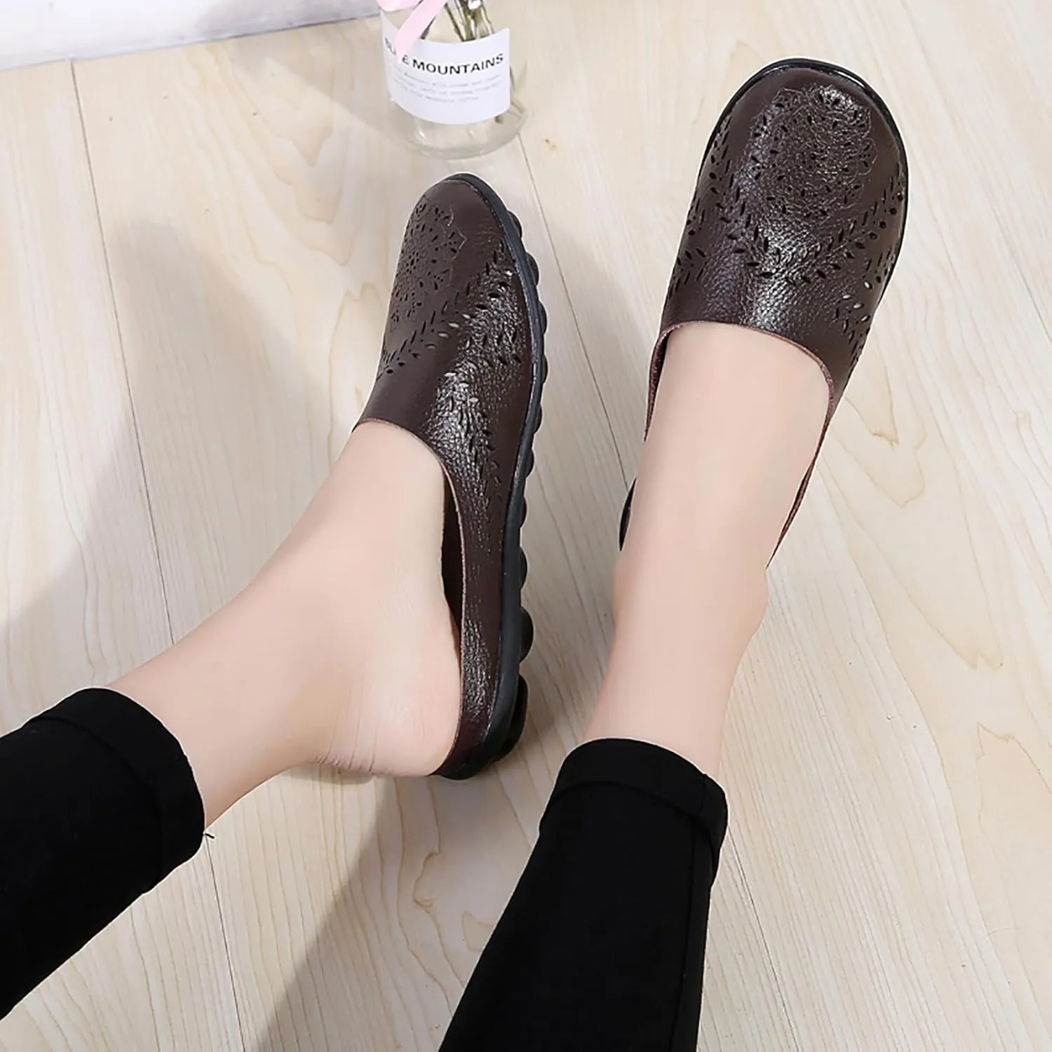 Women Hollow Breathable Flats Summer Slippers Slip-on Round Toe Non-Slip Softsole Lightweight Comfortable Dressy Loafer