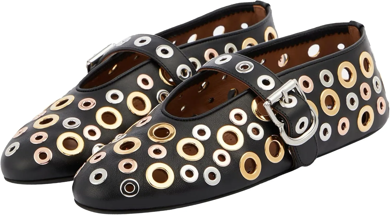 Women Perforated Ballet Flats with Buckle Strap Mesh Mary Jane Shoes Comfortable Ballerina for Casual Daily Dress