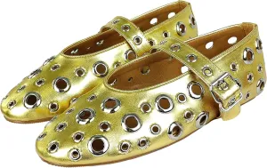 Women Perforated Ballet Flats with Buckle Strap Mesh Mary Jane Shoes Comfortable Ballerina for Casual Daily Dress